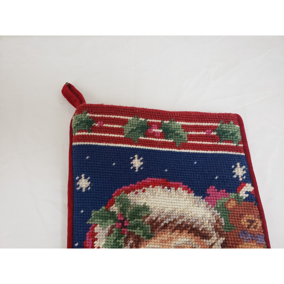 JL) Vintage Needlepoint Christmas Stocking Santa Holly Snow Red Velvet Lined 18" - Picture 2 of 6